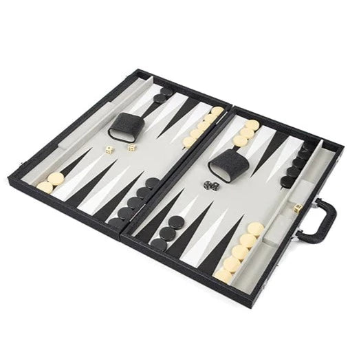 The Brouk & Co Backgammon Set Onyx Black features an open black stingray case with a handle, black and white playing pieces arranged on the board, two dice, a doubling cube, and two dice cups included. Ready for play and perfect for indoor or outdoor use, this set also makes a thoughtful gift.