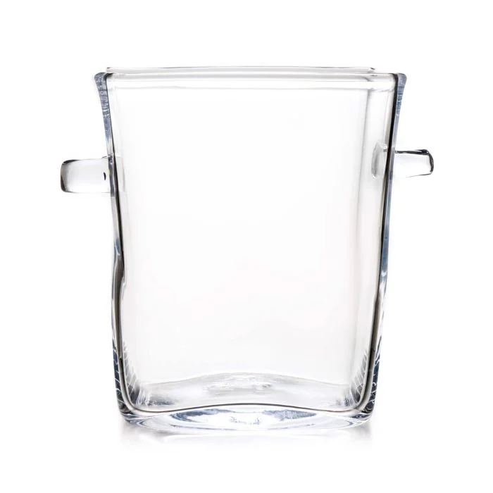 The Simon Pearce Woodbury Chiller is a clear, lead-free glass ice bucket with two small side handles, photographed against a plain white background.