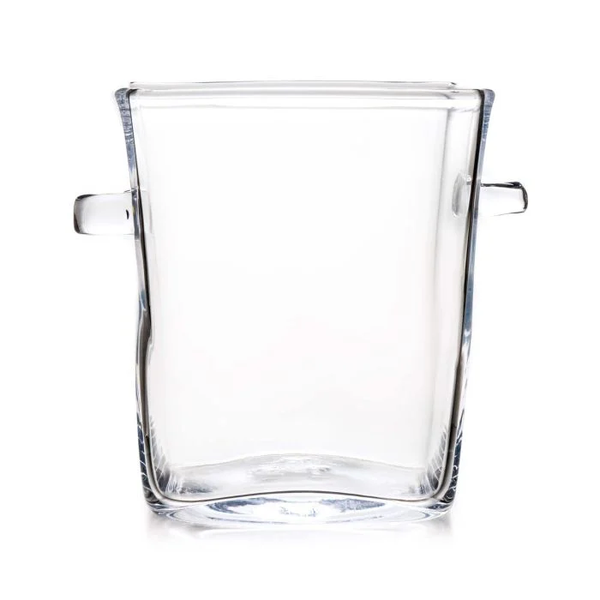 The Simon Pearce Woodbury Chiller is a clear, lead-free glass ice bucket with two small side handles, photographed against a plain white background.