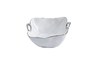 The PAMPA BAY Handle Bowl Silver Trim is a white high-fired porcelain bowl with irregular edges and two small looped handles, showcased on a plain white background.
