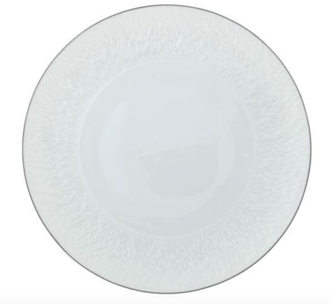 A round, white Raynaud Mineral Irise Dinnerware Platinum porcelain plate features a subtle textured rim and a thin platinum edge, shown from above on a plain white background.