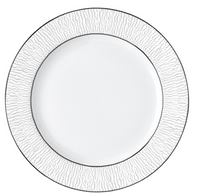 The Bernardaud Dune Dinnerware features a white handcrafted dinner plate with textured wavy lines on the rim, a smooth center, and a thin dark border—an elegant choice for any table setting.