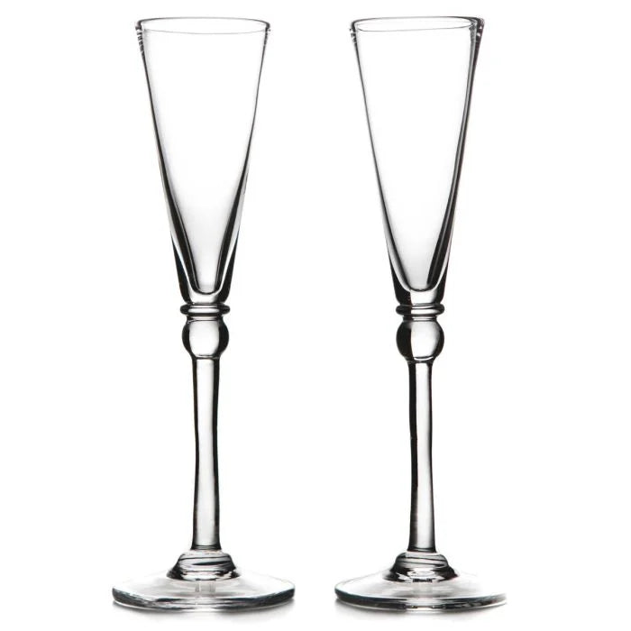 The Simon Pearce Hartland Flute Set of 2 features elegant, long-stemmed handmade glassware, displayed side by side on a white background—an ideal and sophisticated wedding gift.