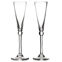 The Simon Pearce Hartland Flute Set of 2 features elegant, long-stemmed handmade glassware, displayed side by side on a white background—an ideal and sophisticated wedding gift.