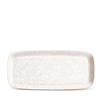 The Alchimie Dinnerware White by L'Objet is a rectangular white ceramic platter with rounded edges and a subtle speckled pattern, shown against a plain white background.