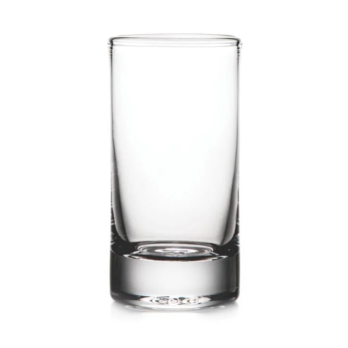 The Simon Pearce Ascutney Highball glass tumbler stands upright on a white background, featuring a thick base and smooth sides.