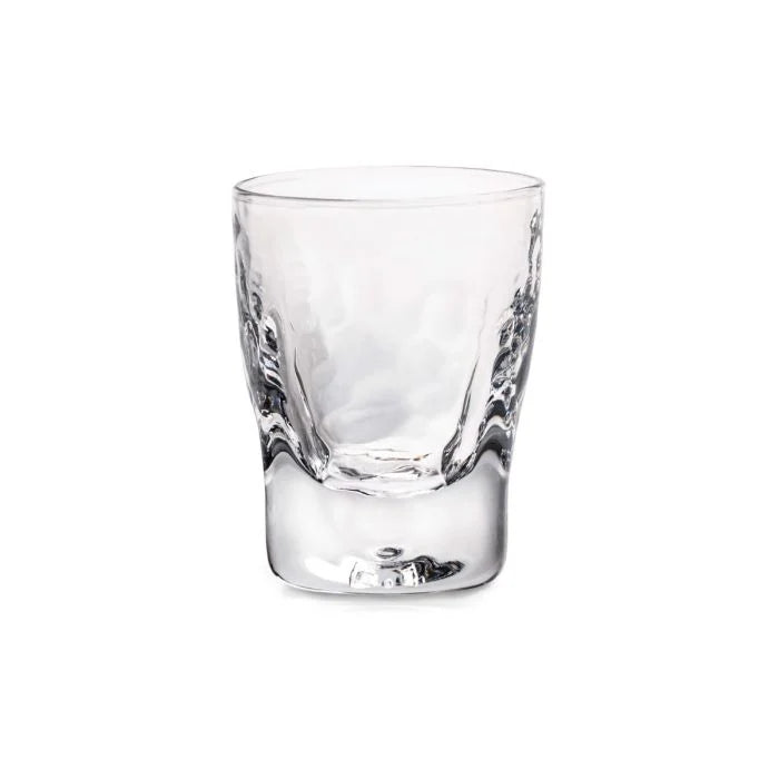 The Simon Pearce Woodbury Bourbon is a clear, lead-free glass tumbler with a thick base and subtle wavy sides, shown empty against a white background.