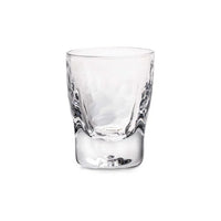 The Simon Pearce Woodbury Bourbon is a clear, lead-free glass tumbler with a thick base and subtle wavy sides, shown empty against a white background.