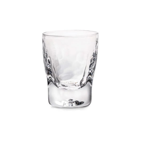 The Simon Pearce Woodbury Bourbon is a clear, lead-free glass tumbler with a thick base and subtle wavy sides, shown empty against a white background.