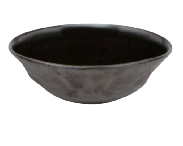 The Blue Pheasant Marcus Black Dinnerware Set of 4 features dark, round stoneware bowls with slightly flared rims and a smooth matte finish, inspired by organic shapes and shown against a white background.