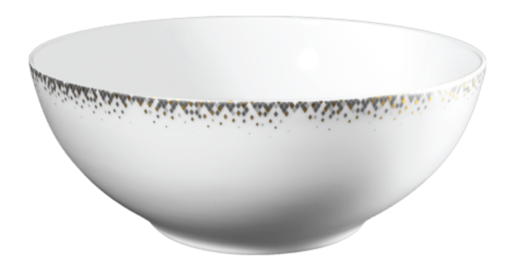 The Haviland Souffle D'or Dinnerware bowl is handmade in white Limoges porcelain, featuring a delicate gold and silver dotted rim on a plain white background.