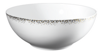 The Haviland Souffle D'or Dinnerware bowl is handmade in white Limoges porcelain, featuring a delicate gold and silver dotted rim on a plain white background.
