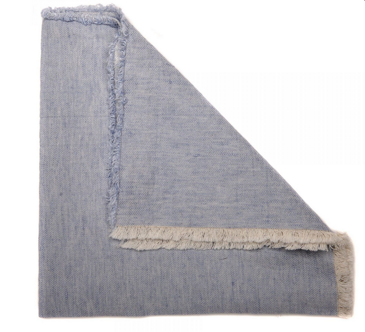 A folded Woven Washed Blue Fringe Napkin by Deborah Rhodes, featuring light blue prewashed linen with frayed edges, displays two layers with a corner turned up—reminiscent of their signature style.