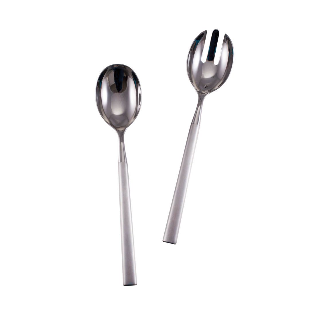 The Simon Pearce Hartland 2 Piece Serving Set features modern, dishwasher safe stainless steel salad servers—a solid spoon and slotted fork—perfect for stylish entertaining. Shown on a white background.
