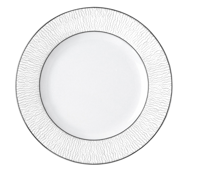 The Bernardaud Dune Dinnerware round white plate, crafted from Limoges porcelain, features a textured, wavy rim and smooth center, shown from above against a white background.