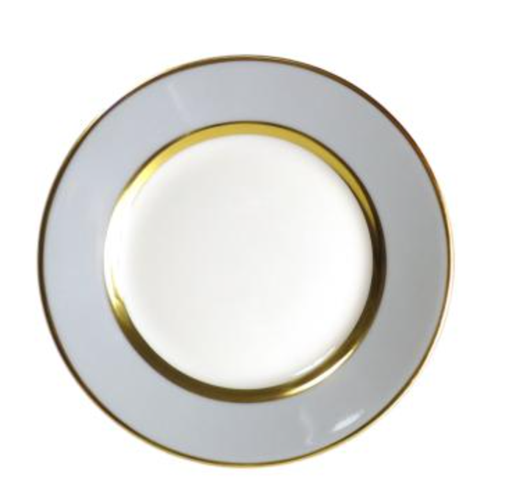 The Royal Limoges Recamier Grey & Gold Dinnerware dinner plate, made in France, features a wide gray rim with gold bands on the inner and outer edges, shown from above on a white background.