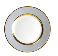The Royal Limoges Recamier Grey & Gold Dinnerware dinner plate, made in France, features a wide gray rim with gold bands on the inner and outer edges, shown from above on a white background.