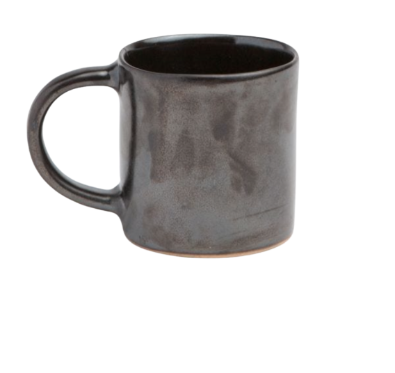 The Marcus Black Dinnerware Set of 4 by Blue Pheasant features dark gray stoneware with a matte finish and large handles, mirroring organic forms of Blue Pheasant's collection, shown here isolated on a white background.