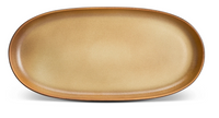 The L'Objet Terra Leather Dinnerware plate is an oval, tan porcelain piece with a light-to-dark gradient and elegant glazed finish, shown on a white background.