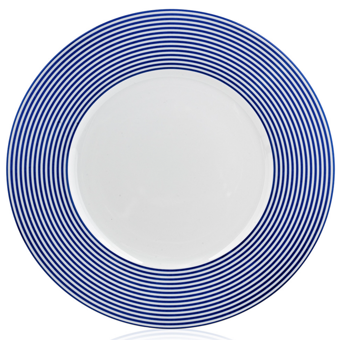 The Latitudes Dinnerware by Royal Limoges features a round white plate with a wide rim adorned with evenly spaced concentric blue stripes, creating a modern look. Crafted from fine Limoges porcelain, the center remains plain white.