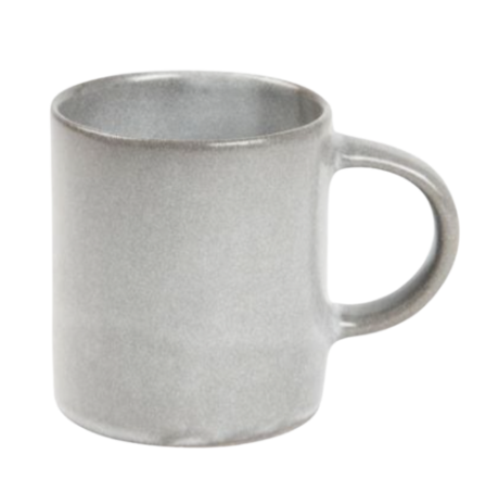 The Marcus Cement Dinnerware Set of 4 by Blue Pheasant features plain gray ceramic pieces with smooth surfaces and rounded handles—perfect for pairing with your favorite dishwasher-safe mugs, all shown against a white background.