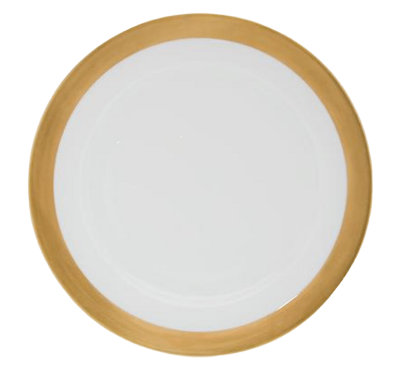 The Danielle Gold Dinnerware by Royal Limoges is a white porcelain plate featuring a wide gold band, displayed from a top-down view.