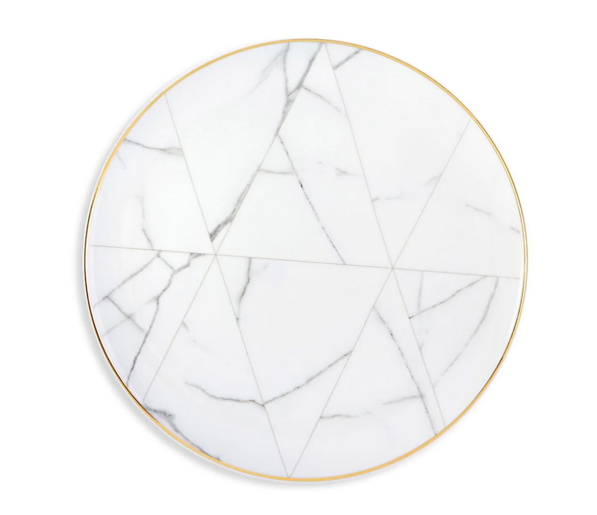 The Carrara by Coline Le Corréa Dinnerware plate from Vista Alegre is a round white porcelain piece with a gold rim, decorated with a geometric pattern of gray marble-like lines forming triangles across the surface.