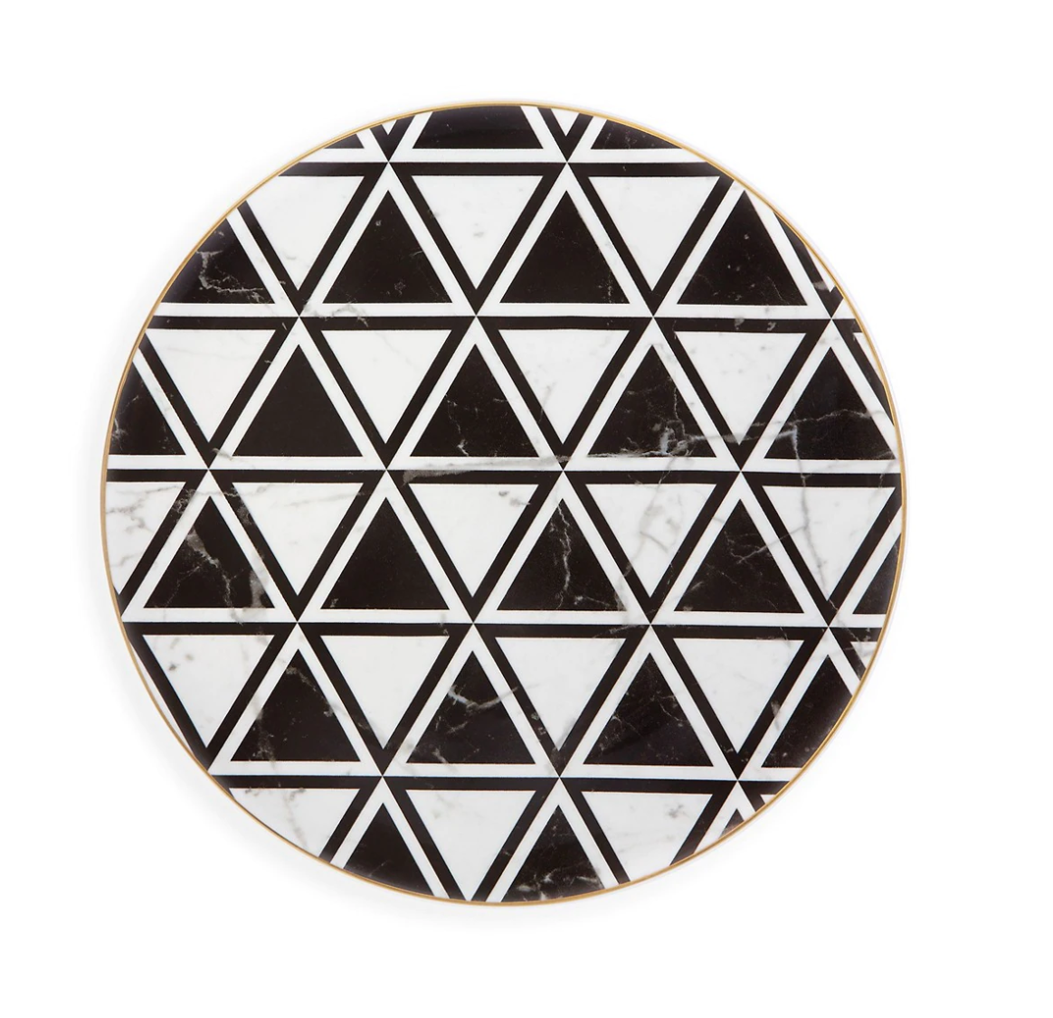 The Carrara by Coline Le Corréa Dinnerware plate from Vista Alegre features a round porcelain shape, a black and white geometric hexagon pattern, and a thin gold rim for an elegant designer touch.