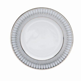 The Arcades Platinum Dinnerware by Philippe Deshoulieres BIA is a white ceramic plate with a decorative gray and silver rim, crafted in France in the style of Limoges porcelain.