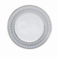 The Arcades Platinum Dinnerware by Philippe Deshoulieres BIA is a white ceramic plate with a decorative gray and silver rim, crafted in France in the style of Limoges porcelain.