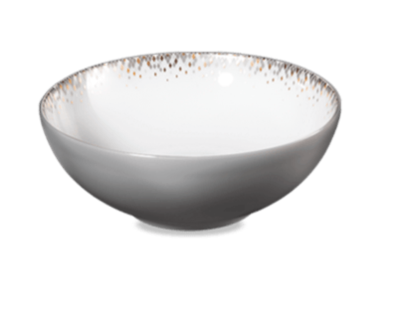 The Haviland Souffle D'or Dinnerware is a white bowl with a gray exterior and speckled gold rim, handcrafted in the style of Limoges porcelain and set against a white background.