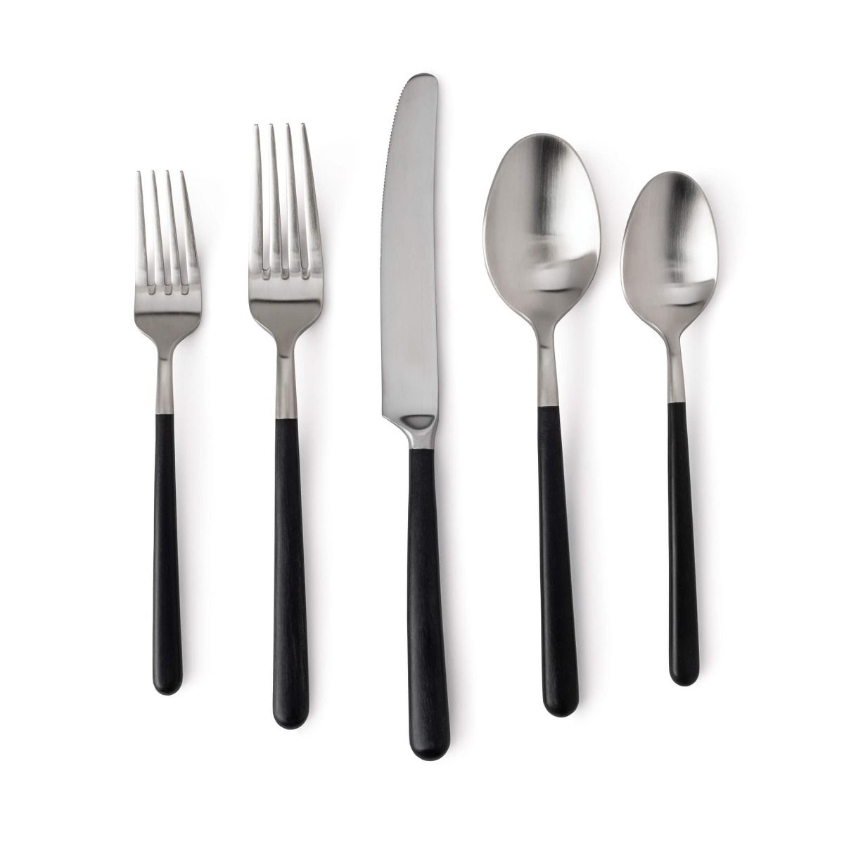 The Simon Pearce Hampton Flatware 5 Piece Setting includes two forks, a knife, a tablespoon, and a teaspoon with black resin handles and stainless steel, shown side by side on a white background.