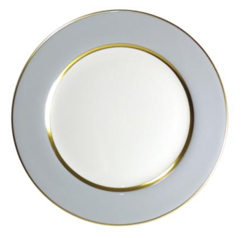 The Recamier Grey & Gold Dinner Plate by Royal Limoges features round white porcelain, a wide light gray border, two thin gold rims, and is made in France. Seen from above on a white background.