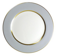 The Recamier Grey & Gold Dinner Plate by Royal Limoges features round white porcelain, a wide light gray border, two thin gold rims, and is made in France. Seen from above on a white background.