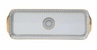 A rectangular platter from the Philippe Deshoulieres Arcades Gold Dinnerware collection features gold handles, a blue and gold border, and a central blue and gold motif on white Limoges porcelain.