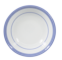 The Royal Limoges Latitudes Dinnerware plate, made in France, features a white ceramic design with three thin blue concentric rings around the rim, shown from above on a plain white background.