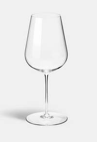 A set of two clear, empty Jancis Robinson Universal Wine Glasses by Richard Brendon, each with a long stem and wide rounded bowl, stands upright against a plain light gray background.