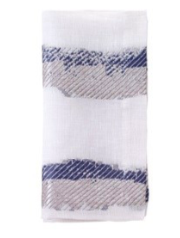The Bodrum Brushstroke Napkin Navy Set of 4 features contemporary white napkins with bold blue and gray horizontal stripes, crafted from a durable linen-polyester blend and fully machine washable for easy care.