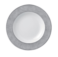 The Bernardaud Sauvage Grey & Platinum plate, crafted from Limoges porcelain, features a platinum-colored snake skin textured rim in light gray, displayed top-down on a plain white background.