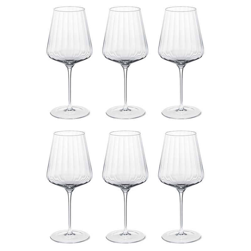 The Georg Jensen Bernadotte Glassware Set of 6 features lead-free crystal wine glasses with wide bowls, thin stems, and Scandinavian-inspired vertical ribbing, arranged in two rows of three on a white background.
