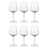 The Georg Jensen Bernadotte Glassware Set of 6 features lead-free crystal wine glasses with wide bowls, thin stems, and Scandinavian-inspired vertical ribbing, arranged in two rows of three on a white background.