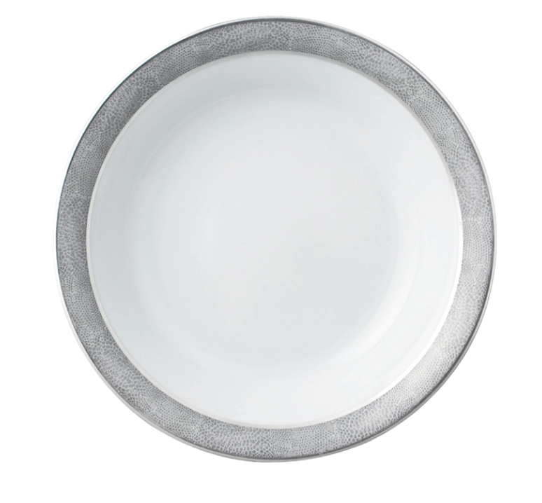 The Bernardaud Sauvage Grey & Platinum is a round white ceramic plate with a snake skin-embossed, metallic grey border on the rim, shown from above against a plain white background.