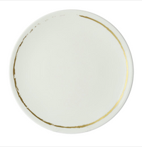 The Sketch Chalk Dinnerware by Royal Crown Derby is a round white ceramic plate made in England, featuring a thin, irregular gold rim and shown from above on a plain background.