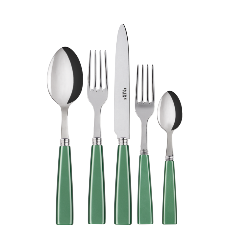 The Sabre Icone Flatware 5 Piece Setting includes a tablespoon, table knife, dinner fork, teaspoon, and salad fork with green handles, arranged side by side on a white background.