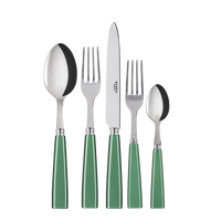 The Sabre Icone Flatware 5 Piece Setting includes a tablespoon, table knife, dinner fork, teaspoon, and salad fork with green handles, arranged side by side on a white background.