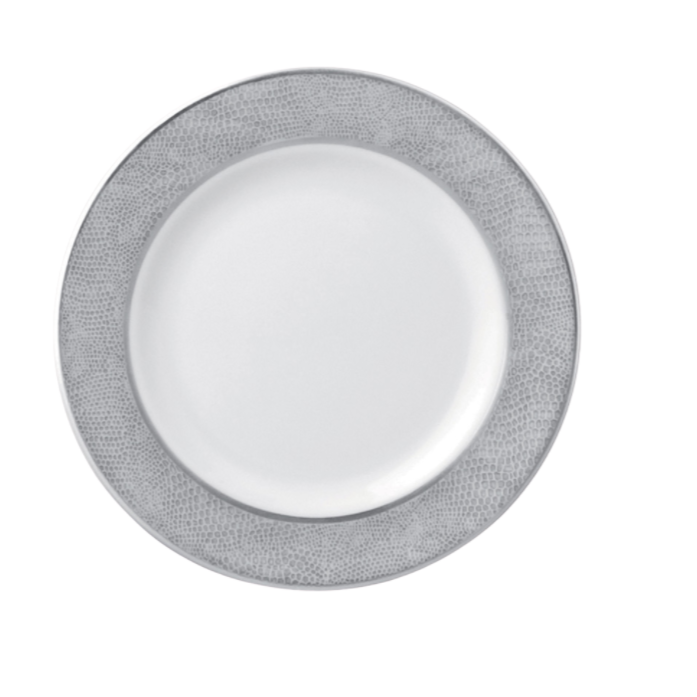 The Bernardaud Sauvage Grey & Platinum plate features a wide, snakeskin-embossed silver-gray rim and a smooth, unadorned center crafted from fine Limoges porcelain, shown from above on a plain white background.