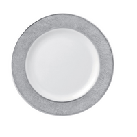 The Bernardaud Sauvage Grey & Platinum plate features a wide, snakeskin-embossed silver-gray rim and a smooth, unadorned center crafted from fine Limoges porcelain, shown from above on a plain white background.
