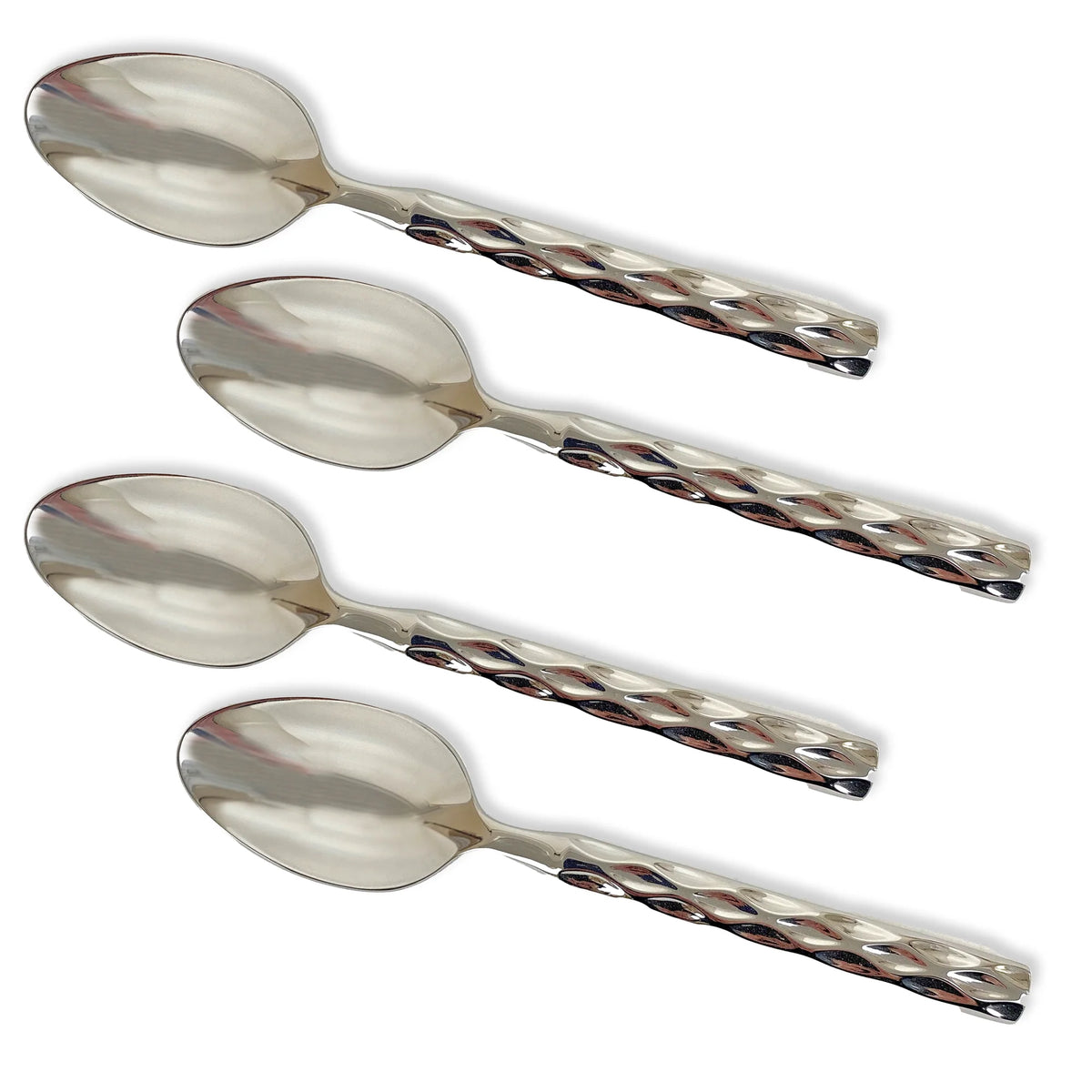 The Michael Wainwright Truro Platinum Dip Spoon Set of 4 features twisted, decorative handles—perfect as stainless steel serveware or a stylish hostess gift—shown arranged diagonally on a white background.