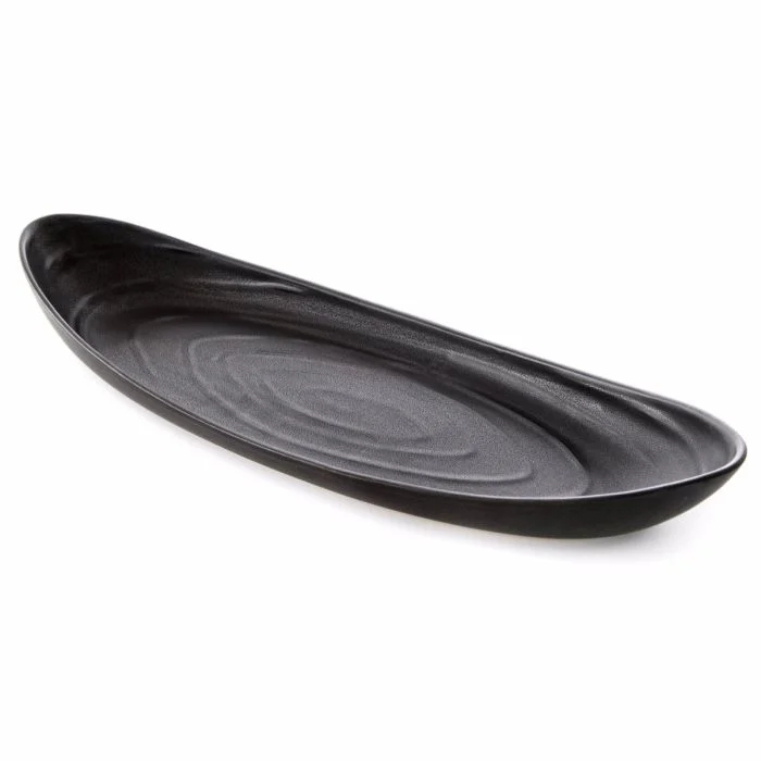 The Simon Pearce Barre Serving Platter in Slate is a long, oval stoneware piece with a smooth, slightly textured black finish, shown on a white background.