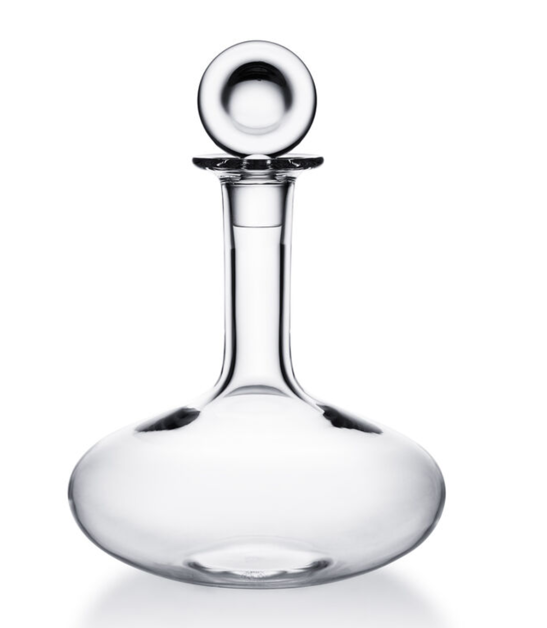 The Baccarat Oenologie Decanter by Baccarat features a clear crystal body with a wide, round base, tall neck, and spherical stopper, inspired by the Oenologie design. Shown against a plain white background.